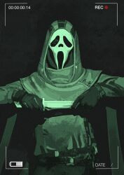 Rule 34 | 1boy, absurdres, battery, battery indicator, black cloak, black gloves, blood, bloody knife, bloody weapon, cloak, commentary, dagger, dead by daylight, ghost mask, ghostface, gloves, highres, holding, holding dagger, holding knife, holding weapon, hood, hood up, hooded coat, horror (theme), knife, long sleeves, looking at viewer, male focus, mask, mask on head, night vision, open mouth, poisonp1nk, recording, scream (movie), simple background, solo, upper body, weapon