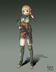 Rule 34 | 1girl, absurdres, assault rifle, bike shorts, blonde hair, blue eyes, breasts, chest harness, elf, full body, gloves, gun, harness, headset, highres, kyunkyun1945, large breasts, military, military uniform, original, pointy ears, rifle, shadow, spats (footwear), uniform, weapon