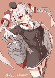 Rule 34 | 10s, 1girl, amatsukaze (kancolle), blush, cowboy shot, garter straps, gloves, hand on own hip, kantai collection, long hair, pointing, pointing at viewer, rensouhou-kun, silver hair, sketch, solo, takanashie, thighhighs, twitter username, two side up, very long hair, white gloves, yellow eyes