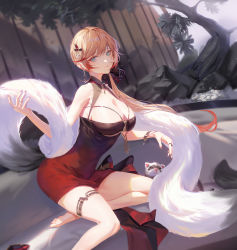 Rule 34 | 1girl, animal, aqua eyes, azur lane, bare shoulders, blonde hair, bow, bracelet, breasts, cleavage, dress, hair bow, hair ornament, high heels, highres, howe (azur lane), howe (evening marvels) (azur lane), jewelry, large breasts, long hair, looking at viewer, official alternate costume, sansan (dongfangzhong111), sitting, solo, thighs