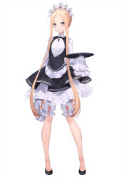 Rule 34 | 1girl, abigail williams (fate), abigail williams (festival outfit) (fate), arm at side, black dress, black footwear, blonde hair, bloomers, blue eyes, blush, bow, braid, butterfly hair ornament, closed mouth, commentary request, dress, fate/grand order, fate (series), forehead, full body, hair ornament, heroic spirit festival outfit, highres, holding, holding tray, keyhole, long hair, long sleeves, official alternate costume, orange bow, pak ce, parted bangs, shirt, shoes, sidelocks, simple background, sleeveless, sleeveless dress, sleeves past fingers, sleeves past wrists, smile, solo, standing, tray, underwear, very long hair, white background, white bloomers, white shirt