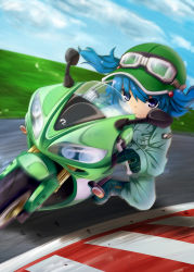 Rule 34 | 1girl, blue eyes, blue hair, boots, gloves, hair bobbles, hair ornament, hat, highres, kawashiro nitori, matching hair/eyes, motor vehicle, motorcycle, racing, racing suit, ryuu (multitask), short hair, solo, touhou, twintails, two side up, vehicle