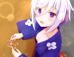 Rule 34 | 1girl, :d, blue kimono, blush, breasts, cleavage, collarbone, from above, hair between eyes, holding, itomi sayaka, japanese clothes, kimono, long sleeves, looking at viewer, natsu (927013), open mouth, purple eyes, short hair, silver hair, sitting, small breasts, smile, solo, swept bangs, toji no miko, wide sleeves