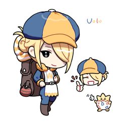 Rule 34 | 1boy, backpack, bag, belt, blonde hair, blue headwear, blue jumpsuit, boots, brown bag, brown belt, brown footwear, character name, chibi, closed mouth, commentary, creatures (company), fur trim, game freak, gen 2 pokemon, grey eyes, hair over one eye, hat, jumpsuit, long sleeves, looking at viewer, male focus, nintendo, notice lines, pokemon, pokemon legends: arceus, shi mohaji, smile, strap, togepi, volo (pokemon)