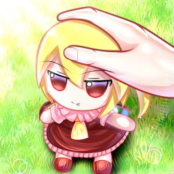 Rule 34 | 1girl, absurdres, blonde hair, closed mouth, commentary, fang, flandre scarlet, full body, fumo (doll), grass, headpat, highres, looking at viewer, outdoors, pov, pov hands, red eyes, short sleeves, smile, solo focus, star shin, touhou