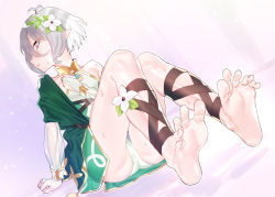 Rule 34 | 1girl, antenna hair, bare shoulders, barefoot, breasts, bridal gauntlets, collarbone, commentary request, dress, dutch angle, feet, flower, green panties, grey hair, hair between eyes, hair flower, hair ornament, hand up, kokkoro (princess connect!), looking at viewer, panties, pointy ears, princess connect!, profile, red eyes, sitting, small breasts, soles, solo, spread toes, subachi, sweat, toenails, toes, underwear, white dress, white flower