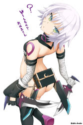 Rule 34 | 1girl, arm belt, ass, back, bandaged arm, bandages, bare shoulders, black panties, black thighhighs, blush, boots, breasts, crop top, dagger, dual wielding, facial scar, fate/apocrypha, fate/grand order, fate (series), gloves, green eyes, hair between eyes, head tilt, highres, holding, holding dagger, holding knife, holding weapon, jack the ripper (fate/apocrypha), knife, looking at viewer, looking back, lowleg, lowleg panties, open mouth, panties, scar, scar across eye, scar on cheek, scar on face, sheath, short hair, shoulder tattoo, simple background, single glove, slit pupils, small breasts, solo, tattoo, thigh boots, thighhighs, translated, unadon, underwear, weapon, white background, white hair