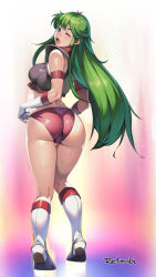 Rule 34 | 1girl, artist name, ass, blue eyes, boots, breasts, from behind, full body, gloves, green hair, knee boots, kneepits, legs, long hair, looking back, medium breasts, one eye closed, open mouth, purple shirt, red shorts, reika (time gal), retorabi00, shirt, short shorts, shorts, smile, solo, thighs, time gal, white footwear, white gloves