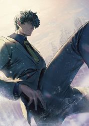 Rule 34 | 1boy, black hair, black shirt, blue eyes, closed mouth, collared shirt, cowboy shot, day, dress shirt, formal, grey jacket, grey pants, grey suit, highres, jacket, kekkai sensen, long sleeves, looking at viewer, male focus, necktie, outdoors, pants, scar, scar on face, shirt, short hair, snowing, solo, steven a. starphase, suit, ta0oxo0ma, thumb in pocket, yellow necktie