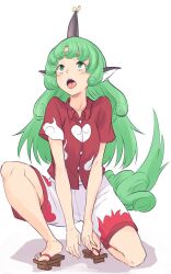 Rule 34 | 1girl, blush, bug, butterfly, cloud print, collared shirt, commentary, curly hair, full body, geta, green eyes, green hair, highres, horns, insect, kakone, komano aunn, long hair, looking up, one-hour drawing challenge, open mouth, red shirt, shirt, shorts, simple background, single horn, solo, tongue, touhou, white background, white shorts