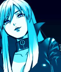 Rule 34 | 1girl, blue eyes, blue hair, blue theme, bodysuit, breasts, center opening, collar, collarbone, devil summoner, highres, large breasts, lipstick, long hair, looking at viewer, makeup, mimimimiguchan, nemissa, pale skin, smile, solo, soul hackers