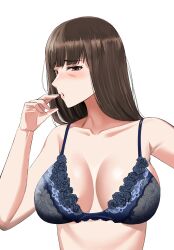 Rule 34 | 1girl, absurdres, bellone, blue bra, blunt bangs, blush, bra, breasts, brown eyes, brown hair, commentary, embroidered bra, frown, girls und panzer, half-closed eyes, highres, large breasts, lingerie, long hair, looking at viewer, mature female, nishizumi shiho, open mouth, simple background, solo, straight hair, underwear, underwear only, white background