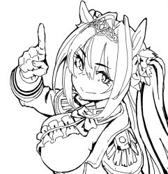 Rule 34 | 1girl, animal ears, bow, bowtie, breasts, center frills, center opening, closed mouth, daiwa scarlet (umamusume), epaulettes, fang, fang out, frills, greyscale, hair intakes, hand up, highres, horse ears, jacket, large breasts, long hair, long sleeves, looking at viewer, monochrome, pointing, pointing up, shirt, skin fang, smile, solo, tiara, twintails, umamusume, upper body, utsuke (u tuk e)