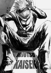 Rule 34 | 1boy, arm up, blindfold, blindfold lift, blue eyes, closed mouth, copyright name, full body, gojou satoru, greyscale, highres, jacket, jujutsu kaisen, knees up, kuwoniagyu11112, looking at viewer, male focus, monochrome, one eye covered, pants, shoes, short hair, sitting, solo, spot color