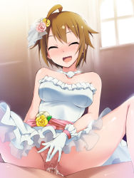 Rule 34 | 10s, 1girl, :d, ^ ^, ahoge, anal, bare shoulders, blush, breasts, bride, brown hair, censored, closed eyes, clothed sex, cowgirl position, cum, cum in ass, dress, closed eyes, flower, girl on top, gloves, hair flower, hair ornament, happy sex, hetero, highres, ibuki tsubasa, idolmaster, idolmaster million live!, jewelry, kaiga, mosaic censoring, necklace, no panties, open mouth, penis, pussy, pussy juice, sex, short hair, skirt, smile, solo focus, spread legs, straddling, sweat, wavy mouth, wedding dress, white dress, white gloves