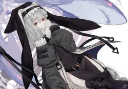 Rule 34 | 1girl, 343 (sashimi), arknights, artist name, belt, black belt, black coat, black dress, black headwear, black nails, black thighhighs, closed mouth, coat, cowboy shot, dress, dutch angle, grey hair, habit, hair between eyes, hand on own cheek, hand on own face, long hair, long sleeves, looking at viewer, nail polish, pelvic curtain, red eyes, shark, smile, solo, specter (arknights), symbol-only commentary, thighhighs, thighs, very long hair, white background