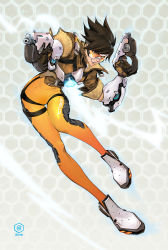 Rule 34 | 1girl, aiming, bodysuit, bomber jacket, brown gloves, brown hair, chest harness, commentary, dual wielding, english commentary, finger on trigger, gloves, goggles, gun, harness, holding, jacket, leather, leather jacket, long legs, machine pistol, manos lagouvardos, orange-tinted eyewear, orange bodysuit, orange goggles, overwatch, overwatch 1, shoes, short hair, skin tight, sleeves pushed up, sneakers, solo, spiked hair, teeth, thigh gap, tinted eyewear, tracer (overwatch), upper teeth only, weapon, white footwear