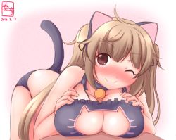 Rule 34 | 10s, 1girl, 2016, ;), ahoge, animal ears, bare shoulders, bell, neck bell, black bra, black panties, blush, bra, breasts, brown eyes, brown hair, cat cutout, cat ears, cat lingerie, cat tail, choker, cleavage cutout, clothing cutout, dated, frilled bra, frills, highres, jingle bell, kanon (kurogane knights), kantai collection, large breasts, meme attire, murasame (kancolle), one eye closed, panties, smile, solo, tail, underwear, underwear only