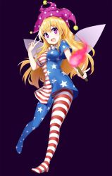 Rule 34 | 1girl, american flag dress, american flag legwear, blonde hair, blush, breasts, clownpiece, double v, fairy wings, full body, hat, jester cap, jpeg artifacts, legs, long hair, looking at viewer, open mouth, pantyhose, print pantyhose, purple eyes, short sleeves, simple background, smile, solo, star-shaped pupils, star (symbol), striped clothes, striped pantyhose, symbol-shaped pupils, touhou, v, wings, yada (xxxadaman)