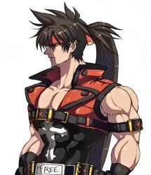 Rule 34 | bare shoulders, brown hair, covered abs, ebi pri shrimp, forehead protector, guilty gear, guilty gear xrd, headband, long hair, looking to the side, male focus, muscular, muscular male, profile, red eyes, simple background, sol badguy, spiked hair, upper body