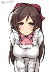 Rule 34 | 10s, 1girl, apron, artist name, between legs, breasts, brown hair, don (29219), female focus, hair ornament, hair ribbon, hairclip, hand between legs, kantai collection, kappougi, large breasts, long hair, looking at viewer, mamiya (kancolle), pink eyes, ponytail, ribbon, simple background, smile, solo, twitter username, white background