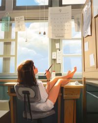 Rule 34 | 1girl, brown hair, chair, cloud, day, feet, highres, holding, holding pen, indoors, legs, legs up, long hair, pen, sam yang, sitting, sky, solo, table, thighs, window