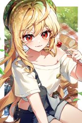 Rule 34 | 1girl, ahoge, blanket, blonde hair, bread, burger, cherry, cika k, colored inner hair, cropped shirt, food, fork, fruit, grass, hamburger hat, hat, highres, holding, holding fork, jingburger, long hair, looking at viewer, multicolored hair, outdoors, overall shorts, overalls, red eyes, shirt, short sleeves, sitting, smile, solo, strap slip, very long hair, virtual youtuber, waktaverse, white hair, white shirt