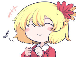 Rule 34 | +++, 1girl, :&gt;, aki shizuha, blonde hair, blush stickers, chahan (fried rice0614), clenched hands, closed eyes, closed mouth, collared shirt, eighth note, hair between eyes, hair ornament, leaf hair ornament, long sleeves, musical note, one-hour drawing challenge, red shirt, shirt, short hair, simple background, smile, solo, touhou, upper body, white background