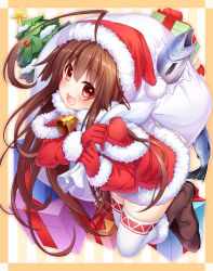 Rule 34 | 10s, 1girl, absurdres, ahoge, ass, blush, boots, brown hair, capelet, christmas tree, fang, fish, fur trim, gift, gloves, hat, highres, holding, kantai collection, kuma (kancolle), long hair, looking at viewer, open mouth, red eyes, red gloves, sack, santa costume, santa hat, saury, smile, solo, thighhighs, thighs, wakagi repa, white thighhighs