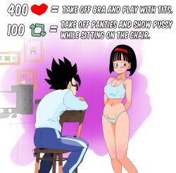 Rule 34 | 1boy, 1girl, absurdres, arms behind back, black hair, blue eyes, blush, bra, breasts, cleavage, couple, dragon ball, dragon ball super, dragonball z, embarrassed, glasses, highres, husband and wife, legs, looking at another, medium breasts, panties, pasaway komiks, red hair bow, son gohan, tagme, training bra, underwear, undressing, videl, watching