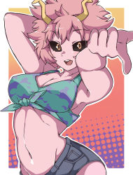 Rule 34 | 1girl, absurdres, arm behind back, armpits, arms up, ashido mina, black sclera, boku no hero academia, breasts, cleavage, colored sclera, colored skin, denim, denim shorts, gokuu (acoloredpencil), highres, horns, looking at viewer, medium breasts, medium hair, midriff, navel, open mouth, orange eyes, outstretched arm, pink hair, pink skin, pointing, pointing at viewer, shirt, short shorts, shorts, smile, solo, stomach, tank top, tied shirt