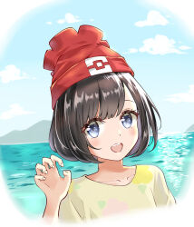 Rule 34 | 1girl, :d, ayaro (genkiloobaii), beanie, black hair, blue eyes, blush, cloud, collarbone, commentary request, creatures (company), day, eyelashes, floral print, game freak, hand up, hat, highres, looking at viewer, nintendo, open mouth, outdoors, pokemon, pokemon sm, red hat, selene (pokemon), shirt, short hair, sky, smile, solo, t-shirt, teeth, tongue, upper body, upper teeth only, water, yellow shirt
