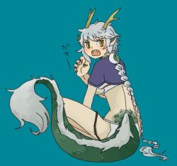 Rule 34 | 1girl, animal ears, antlers, blue background, blue nails, blush, braid, braided ponytail, breasts, claw pose, cropped jacket, dragon ears, dragon girl, dragon tail, fangs, full body, fur-tipped tail, gao, green scales, grey hair, hand up, horns, jacket, japanese clothes, kantai collection, large breasts, long hair, looking at viewer, looking back, open mouth, purple jacket, sachilko (motiko), scales, short sleeves, simple background, sitting, slit pupils, solo, tail, translation request, unryuu (kancolle), very long hair, yellow eyes