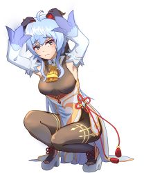 Rule 34 | 1girl, absurdres, ahoge, armpits, arms up, bell, blue hair, chaskit7, commentary, detached sleeves, full body, ganyu (genshin impact), genshin impact, grey eyes, hair between eyes, hands on own head, high heels, highres, horns, long hair, long sleeves, looking at viewer, neck bell, sidelocks, simple background, solo, squatting, white background, wide sleeves