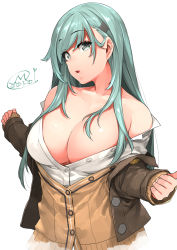 Rule 34 | 1girl, aqua eyes, aqua hair, blazer, breasts, brown jacket, cleavage, dated, happa (cloverppd), highres, huge breasts, jacket, kantai collection, lips, long hair, no bra, off shoulder, open clothes, open mouth, shirt, signature, simple background, solo, suzuya (kancolle), upper body, white background, white shirt