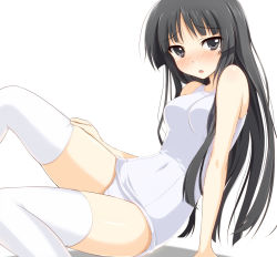 Rule 34 | 1girl, akiyama mio, black eyes, black hair, blush, covered navel, k-on!, long hair, one-piece swimsuit, school swimsuit, solo, swimsuit, tears, thighhighs, third-party edit, violetshit, white school swimsuit, white one-piece swimsuit, white thighhighs