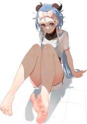 Rule 34 | 1girl, absurdres, alternate costume, barefoot, black bodysuit, blue hair, bodysuit, bow, bow hairband, breasts, closed mouth, feet, foreshortening, ganyu (genshin impact), genshin impact, hairband, highres, horns, long hair, looking at viewer, lumo 1121, medium breasts, pink hairband, purple eyes, shirt, shorts, simple background, sitting, solo, thighs, white background, white shirt, white shorts