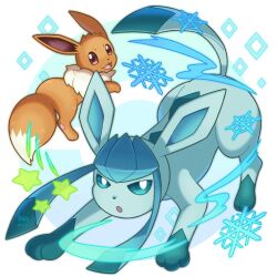 blue_eyes blue_fur brown_eyes brown_fur creatures_(company) eevee fighting_stance game_freak gen_1_pokemon gen_4_pokemon glaceon looking_at_viewer looking_back nintendo no_humans pokemon pokemon_(creature) snowflakes standing star_(symbol) tail two-tone_background wataame4907 white_background