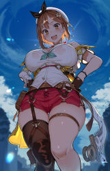 Rule 34 | 1girl, :d, absurdres, asymmetrical legwear, atelier (series), atelier ryza, atelier ryza 2, backlighting, bare shoulders, belt, black thighhighs, blue sky, blurry, blurry background, bracelet, braid, breasts, brown belt, brown gloves, brown hair, cloud, day, detached sleeves, earrings, fang, female focus, from below, garter straps, gloves, greatmosu, green neckwear, hair ornament, hands on own hips, hat, highres, jewelry, large breasts, leather belt, o-ring, open mouth, outdoors, red shorts, reisalin stout, see-through, shiny clothes, shiny skin, shirt, short shorts, short sleeves, shorts, side braid, single thighhigh, skindentation, sky, sleeveless, sleeveless shirt, smile, solo, standing, taut clothes, taut shirt, thick thighs, thigh gap, thigh strap, thighhighs, thighs, uneven legwear, white hat, white shirt