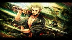 Rule 34 | 1boy, dual wielding, green hair, holding, male focus, multiple swords, one piece, roronoa zoro, sandai kitetsu, shusui, solo, sword, wado ichimonji, weapon