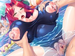 Rule 34 | 1girl, akagi rio, arm rest, bikini, blurry, blurry background, blush, grabbing another&#039;s breast, breasts, censored, cleavage, clitoris piercing, covered navel, crotchless, demon girl, demon horns, game cg, grabbing, groin, highres, horns, huge breasts, lactation, leash, legs, long hair, miel (company), milk, projectile lactation, mole, mole under mouth, mosaic censoring, nail polish, nipple piercing, nippleless clothes, nipples, one-piece swimsuit, open mouth, original, partially submerged, penis, piercing, pool, pregnant, pubic hair, public indecency, pussy, pussy piercing, red hair, rumi (succubus tanetsuke park), sex, succubus tanetsuke park, swimsuit, thighs, vaginal, water, wet, yellow eyes