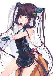 Rule 34 | 1girl, bad id, bad pixiv id, bare shoulders, black dress, blue eyes, blunt bangs, blush, breasts, china dress, chinese clothes, closed mouth, covered navel, detached sleeves, dress, fate/grand order, fate (series), floral print, goyain, hair ornament, highres, leaf hair ornament, long hair, looking at viewer, medium breasts, purple hair, shadow, side slit, sidelocks, simple background, smile, solo, thighs, twintails, very long hair, white background, yang guifei (fate), yang guifei (second ascension) (fate)