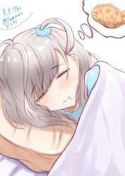 Rule 34 | 1girl, alternate hairstyle, assault lily, bed sheet, blanket, blue scrunchie, blue shirt, blush, closed eyes, commentary, dated, dreaming, drooling, facing viewer, food, grey hair, hair ornament, hair scrunchie, long hair, lying, on side, one side up, pillow, saliva, sasaki ran, scrunchie, shirt, simple background, sleeping, solo, split mouth, taiyaki, tamaao (tamaao31241), thought bubble, twitter username, under covers, upper body, wagashi, wavy mouth, white background