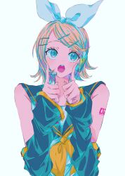 Rule 34 | 1girl, blonde hair, blue eyes, blue shirt, hair ornament, headset, highres, kagamine rin, looking to the side, najuco (naju0517), neckerchief, open mouth, shirt, solo, tattoo, vocaloid, white background, yellow nails, yellow neckerchief