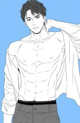 Rule 34 | 1boy, abs, arm at side, bare pectorals, belt, blue background, blue theme, collarbone, commentary, cowboy shot, groin, hand on own neck, hand up, looking at viewer, male focus, male pubic hair, mashima shima, matsuda (paradise), multiple monochrome, navel, nipples, open clothes, open shirt, pants, paradise (visual novel), parted lips, pectorals, pubic hair, pubic hair peek, shirt, short hair, simple background, sleeves rolled up, solo, standing, toned, toned male