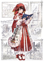 Rule 34 | 1girl, absurdres, ankle ribbon, baiguiyu, black eyes, book, border, bow, bowtie, building, choker, day, dress, embroidery, flower, frilled sleeves, frills, full body, graveyard, headdress, highres, holding, holding book, ironwork, jewelry, lamp, layered sleeves, leg ribbon, long hair, long sleeves, looking away, open book, original, pantyhose, partially colored, puffy long sleeves, puffy short sleeves, puffy sleeves, reading, red bow, red bowtie, red dress, red flower, red hair, red headwear, red theme, ribbon, ring, rural, sash, short over long sleeves, short sleeves, simple background, solo, standing, tower, white background, white pantyhose