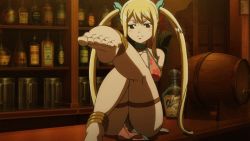 Rule 34 | 1girl, animated, animated gif, ass, barefoot, bikini, blonde hair, bracelet, breasts, cleavage, fairy tail, feet, floral pattern, gemini (fairy tail), harem outfit, jewelry, large breasts, loincloth, lucy heartfilia, sitting, soles, swimsuit, toes, twintails