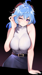 Rule 34 | 1girl, absurdres, ahoge, alternate costume, bad id, bad pixiv id, belt, black background, black belt, blue hair, blue nails, blue skirt, blush, breasts, closed mouth, ganyu (genshin impact), genshin impact, goat horns, gradient background, highres, horns, large breasts, long hair, looking at viewer, mutsu ane daisuki, nail polish, one eye closed, purple eyes, simple background, skirt, sleeveless, sleeveless sweater, smile, solo, sweater, turtleneck, white sweater