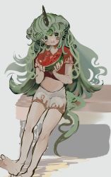 Rule 34 | 1girl, barefoot, cloud print, curly hair, food, food on face, fruit, full body, green eyes, green hair, grey background, highres, horns, inkopico, komano aunn, long hair, looking at viewer, one-hour drawing challenge, shorts, simple background, single horn, solo, tail, toes, touhou, very long hair, watermelon, white shorts