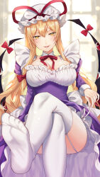 Rule 34 | 1girl, alternate costume, blonde hair, bow, bowtie, breasts, cleavage, commentary, crossed legs, dress, enmaided, gap (touhou), garter straps, hair bow, hat, hat ribbon, highres, holding, kirisita, large breasts, long hair, long sleeves, looking at viewer, maid, maid day, mob cap, purple dress, red bow, red bowtie, red ribbon, ribbon, solo, thighhighs, tongue, tongue out, touhou, very long hair, wallpaper, white thighhighs, yakumo yukari, yellow eyes